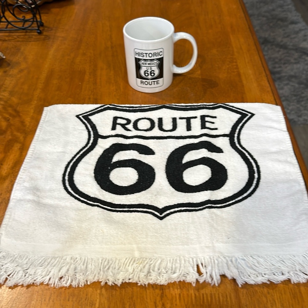 Route 66 coffee cup and tea towel. New Mexico cup.